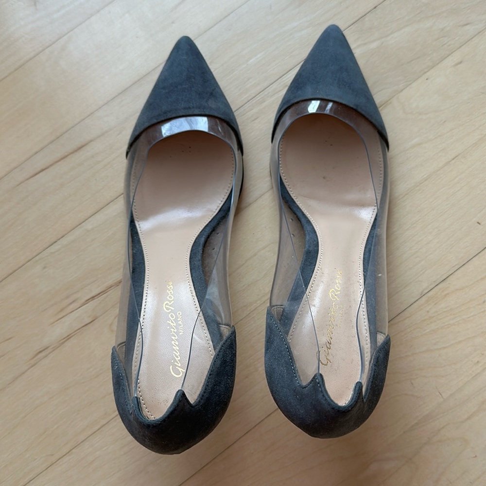 Gianvito Rossi plexi grey suede and clear pumps